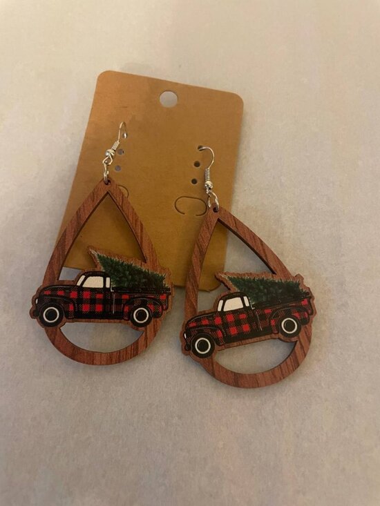 Jewelry - New Festive Christmas Truck tree Plaid Wood Dangle Earrings - Cozy Holiday